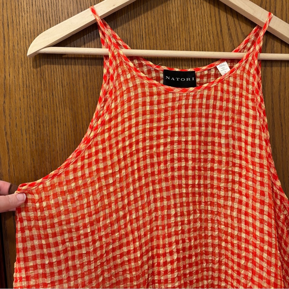 Semi sheer Natori maxi dress, orange and yellow gingham. Large - Picture 5 of 11